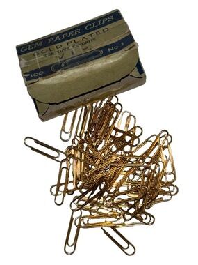 Vintage box of 75 gold-plated "V.I.P." Gem Paper Clips No. 1 Size